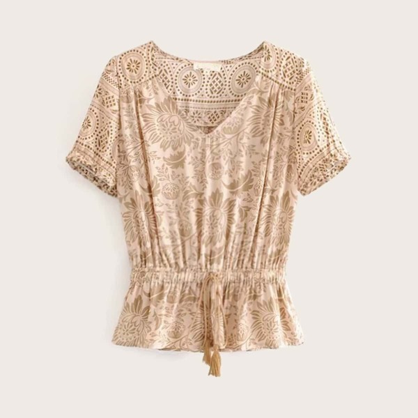

Drawstring Waist Ditsy Floral Peplum Blouse