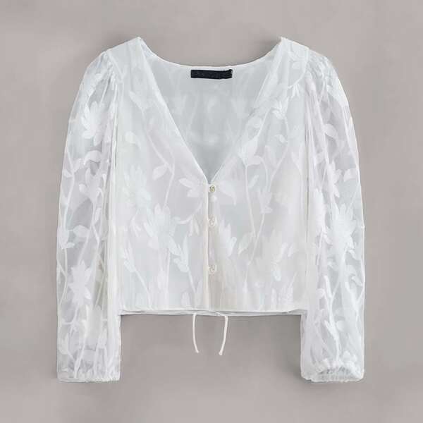 

Knot Hem Embroidery Mesh Blouse