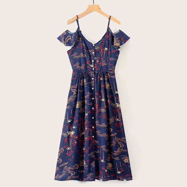 

Cold Shoulder Plants Print Cami Dress