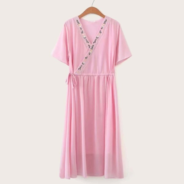 

Drawstring Waist Embroidery Surplice Dress