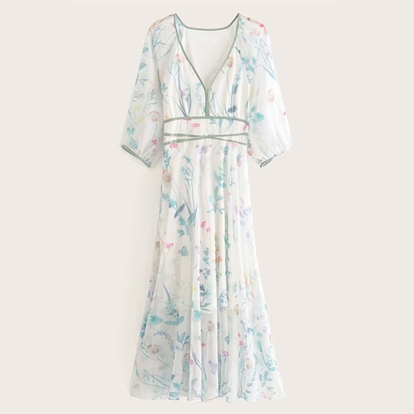

Ditsy Floral Contrast Binding High Waist Dress