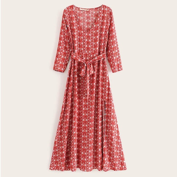 

Tribal Print Belted Slit Side Dress
