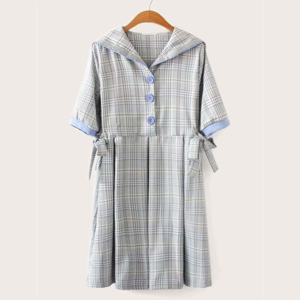 

Sailor Collar Knot Side Plaid Dress