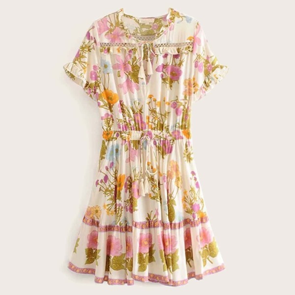 

Floral Print Drawstring Waist Frill Dress