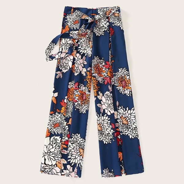 

Large Floral Print Belted Wide Leg Pants