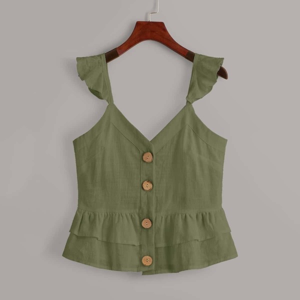 

Button Front Ruffle Hem Cami Top, Army green