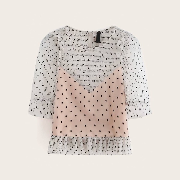 

Dobby Mesh Shirred Ruffle Hem Blouse