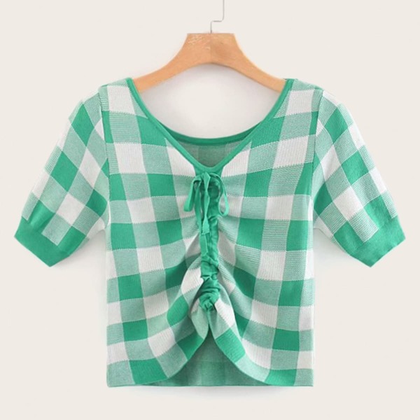 

Drawstring Front Gingham Knit Top