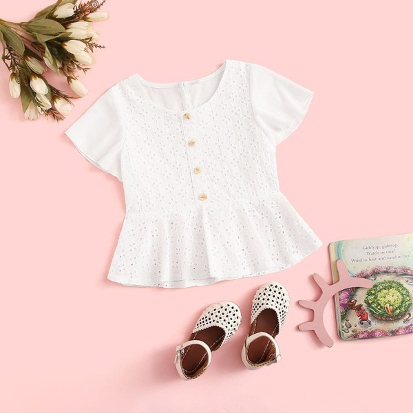 

Toddler Girls Eyelet Embroidery Button Front Peplum Blouse, White
