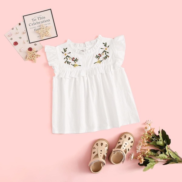

Toddler Girls Floral Embroidery Frill Trim Smock Blouse, White