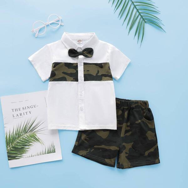 

Toddler Boys Camo Panel Bow Tie Shirt With Shorts, Multicolor
