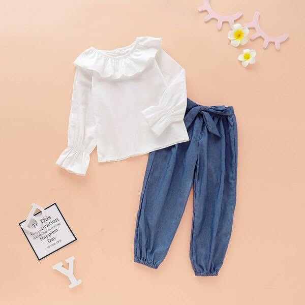 

Toddler Girls Ruffle Trim Blouse With Tie Front Jeans