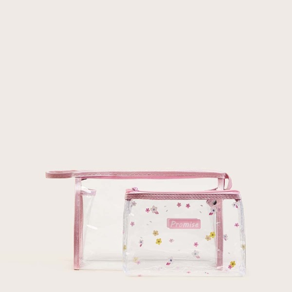 

Flower Pattern Transparent Makeup Bag Set 2pcs