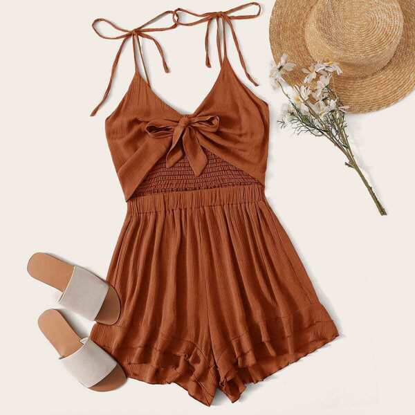 

Solid Tie Front Shirred Back Cami Romper