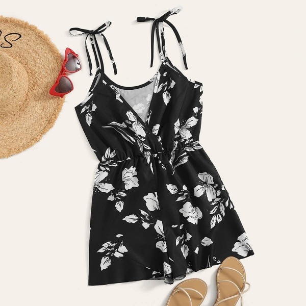 

Floral Print Surplice Front Cami Romper