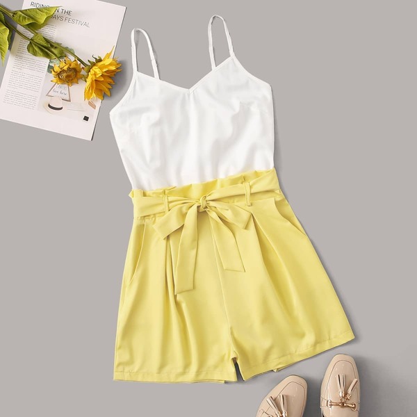 

2 In 1 Two Tone Belted Cami Romper, Multicolor