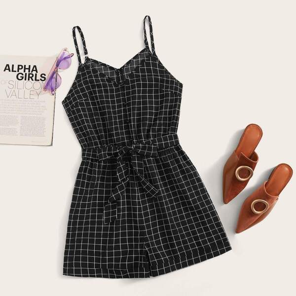 

Grid Print Self Tie Cami Playsuit