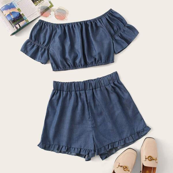 

Solid Bardot Denim Top & Frill Hem Denim Shorts