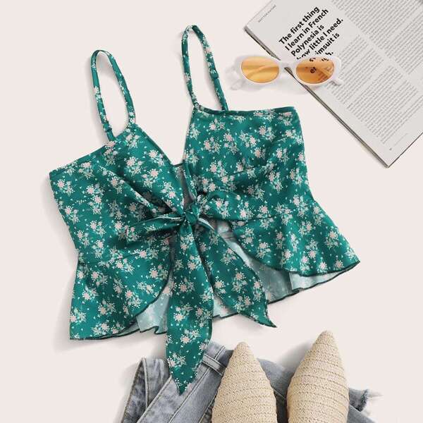 

Ditsy Floral Print Tie Front Cami Top, Green