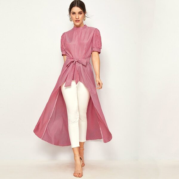 

Tie Waist High Low Stripe Blouse