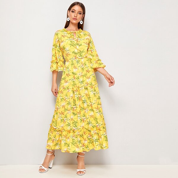 

Bell Sleeve Tie Neck Leaf Print Dress