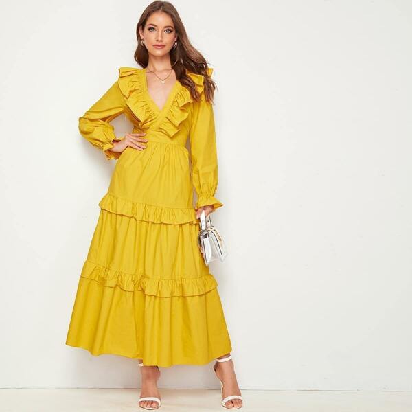 

Ruffle Hem Flounce Neckline Dress, Yellow
