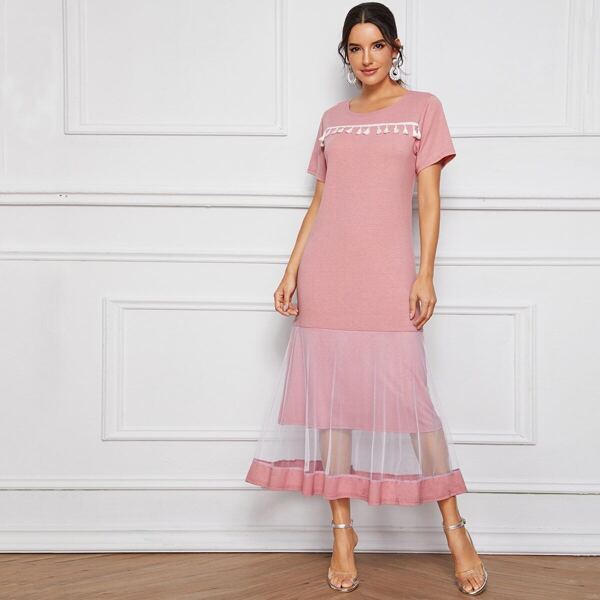 

Fringe Detail Mesh Contrast Tee Dress