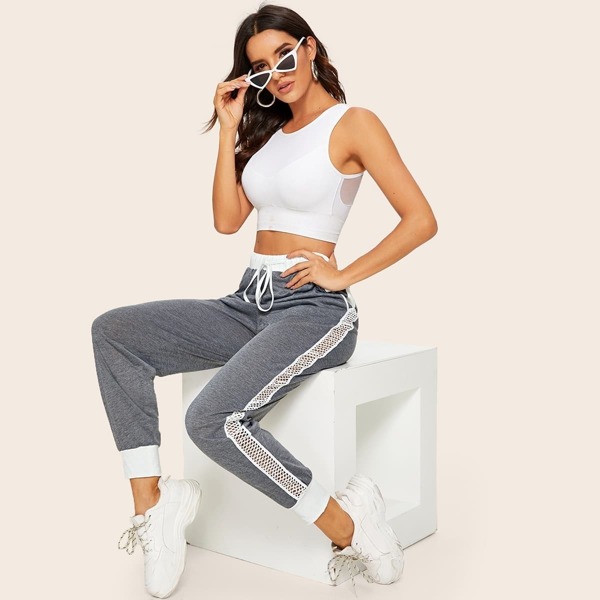 

Drawstring Waist Pocket Grid Side Pants