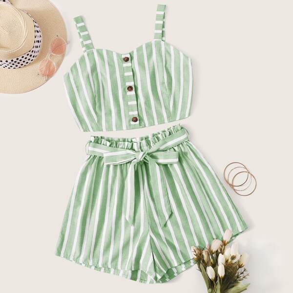 

Striped Button Front Cami Top With Belted Wide Leg Shorts