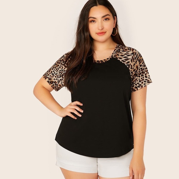 

Plus Leopard Neck and Raglan Sleeve Top, Black