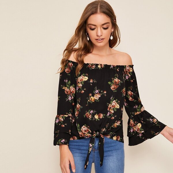 

Floral Flounce Sleeve Knotted Bardot Top