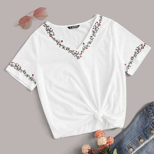 

Embroidery Neck and Cuff Top, White