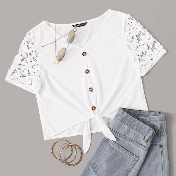 

Plus V-neck Lace Sleeve Button & Tie Front Top, White