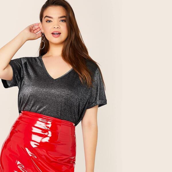 

Plus V-neck Cuffed Sleeve Glitter Top