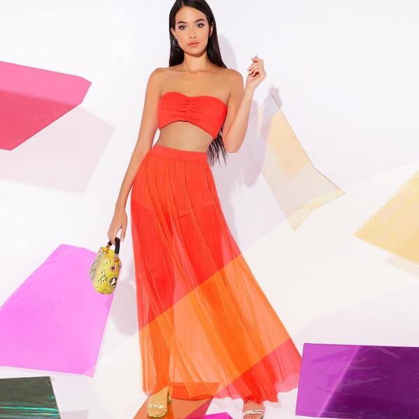 

Neon Orange Shirred Back Bandeau Crop Top & Mesh Skirt Set