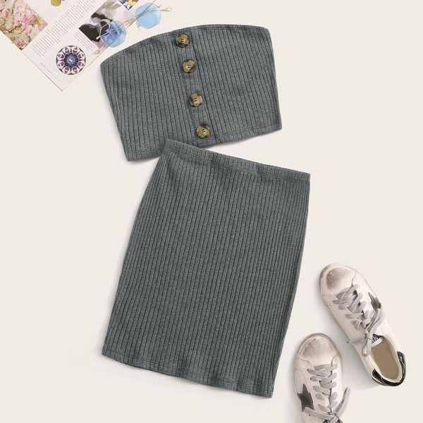 

Rib-knit Button Front Tube Top & Skirt Set