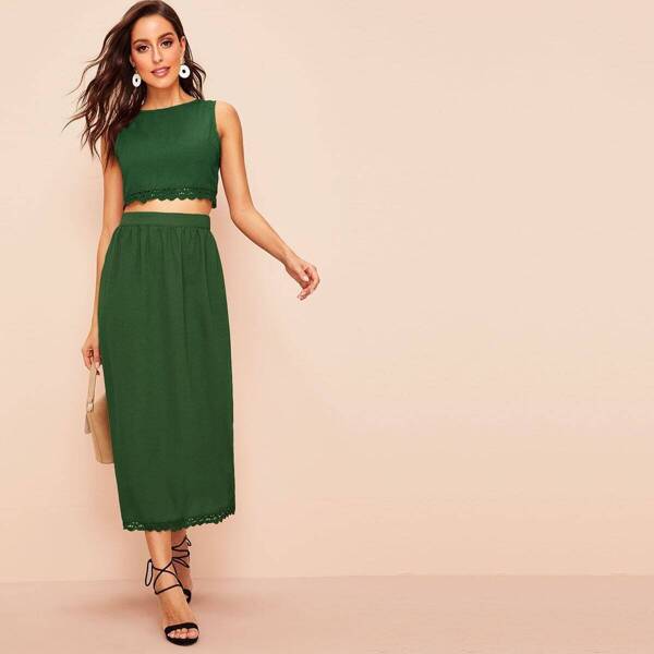 

Button Back Lace Trim Tank Top & Skirt Set, Green