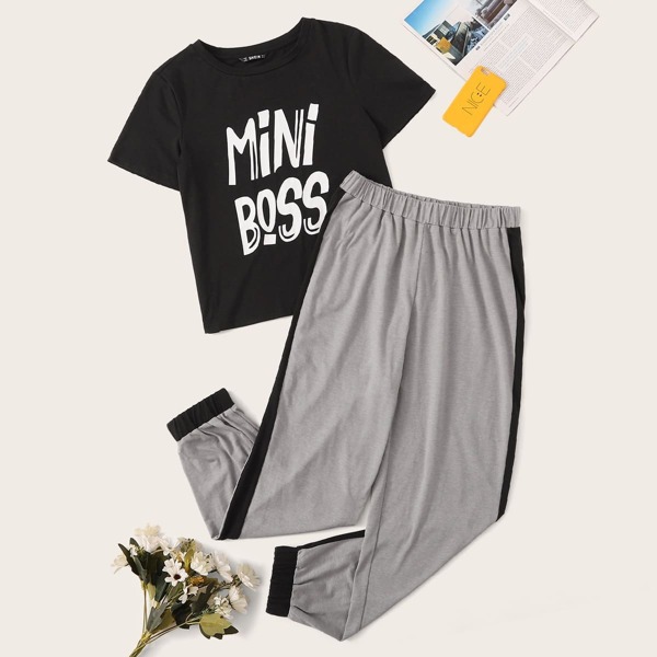 

Slogan Print Top & Striped Side Pants Set