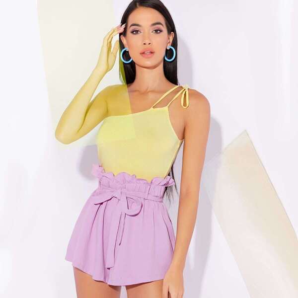 

Self Tie One Shoulder Fitted Top, Yellow pastel
