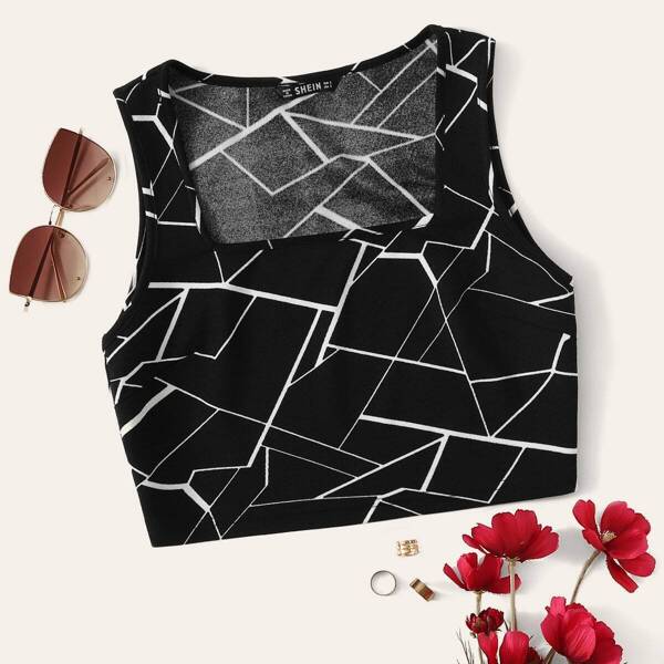

Square Neck Geo Print Sleeveless Crop Top