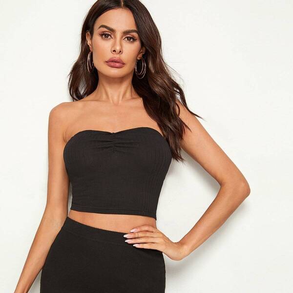 

Ruched Front Rib-knit Bandeau Top