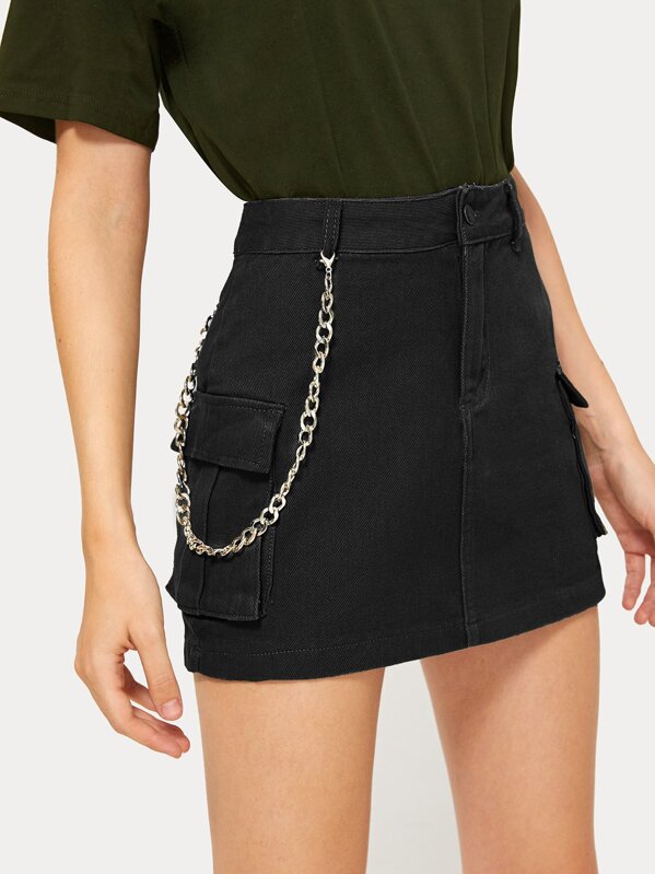 

Button Waist Chain Detail Denim Skirt, Black, Larissa