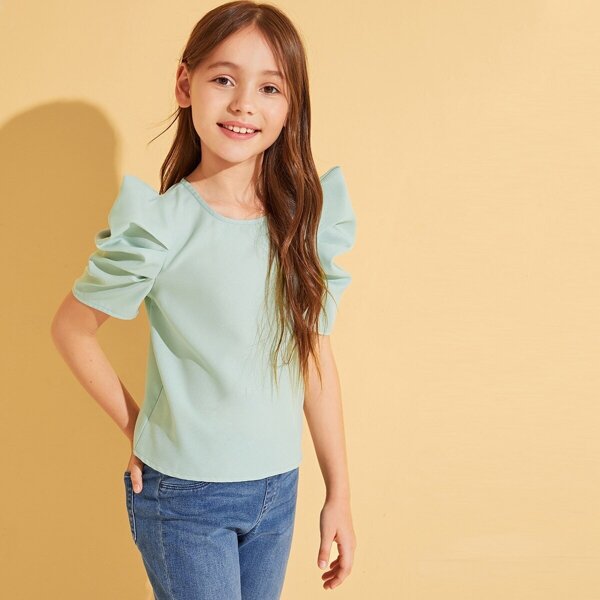 

Girls Keyhole Back Gathered Puff Sleeve Top