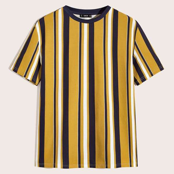 

Men Contrast Neck Striped Top, Yellow