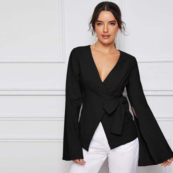 

Solid Split Sleeve Wrap Knotted Blazer, Black