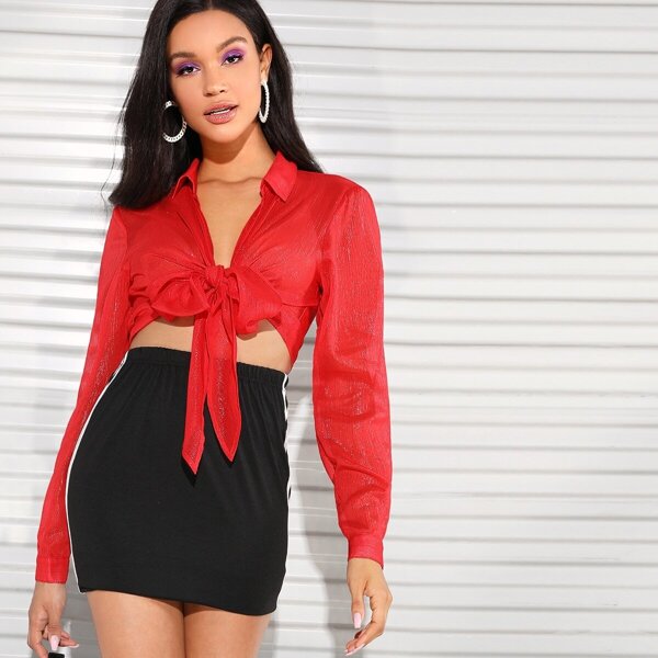 

Long Sleeve Tie Hem Top, Red bright