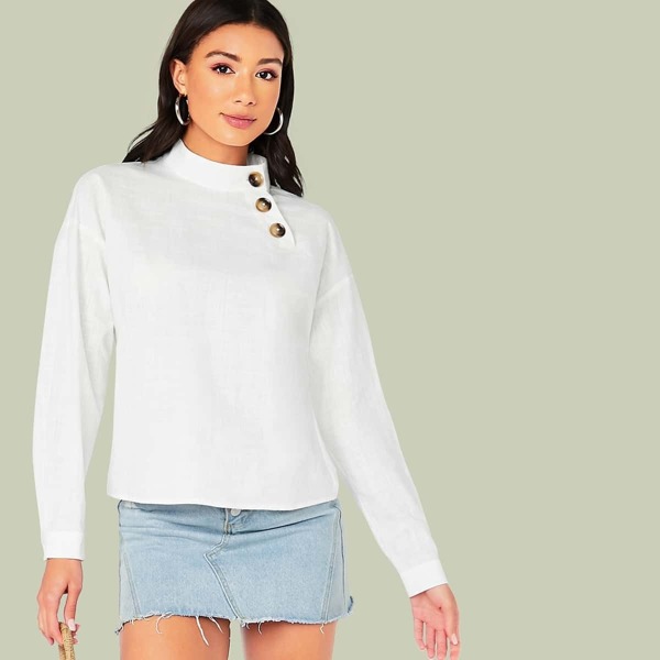 

Solid Drop Shoulder Buttoned Top, White