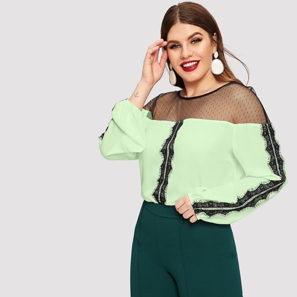 

Plus Mesh Yoke Insert Lace Detail Top, Green pastel