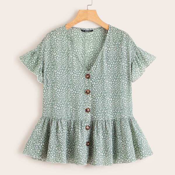

Leopard Print Buttoned Peplum Top, Green