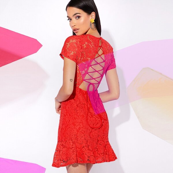 

Lace Up Back Ruffle Hem Lace Dress